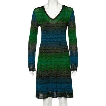 Pre Owned Missoni Multicolored Patterned Knit V-neck Flared Dress L