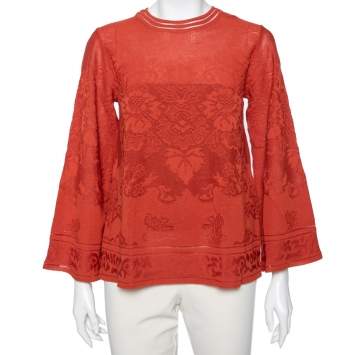 Pre Owned M Missoni Orange Floral Knit Long Sleeve Top M
