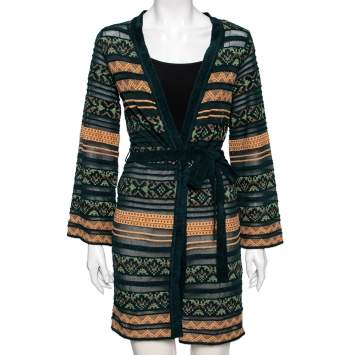 Pre Owned M Missoni Multicolor Patterned Knit Belted Long Cardigan S
