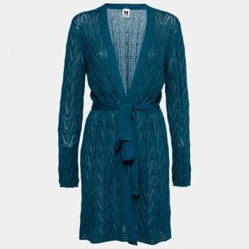 Pre Owned M Missoni Blue Patterned Pointelle Knit Open Front Belted Cardigan L