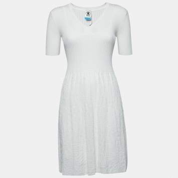 Pre Owned M Missoni White Patterned Rib Knit Short Sleeve Dress S 