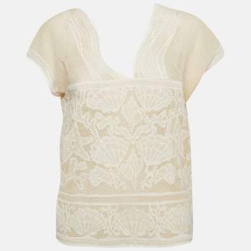 Pre Owned M Missoni Ivory White Sea Shell Pattern Lurex Knit Cap Sleeve Top S