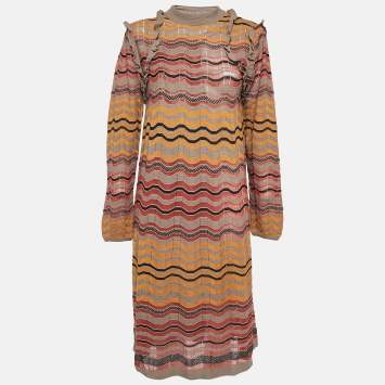 Pre Owned M Missoni Brown Chevron Knit Ruffled Long Sleeve Midi Dress L