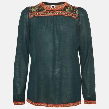 Pre Owned M Missoni Green Floral Pattern Knit Long Sleeve Top L