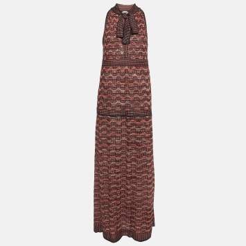 Pre Owned M Missoni Black/Red Patterned Lurex Knit Sleeveless Maxi Dress M