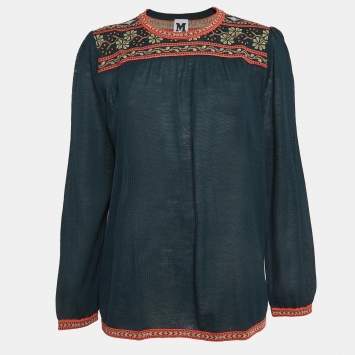 Pre Owned M Missoni Green Floral Pattern Knit Long Sleeve Top L