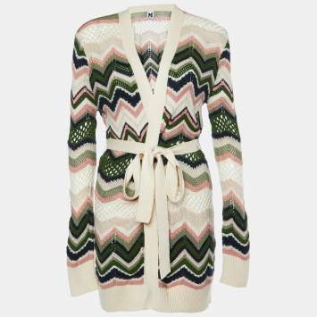 Pre Owned M Missoni Cream Chevron Pointelle Knit Belted Cardigan M