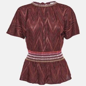 Pre Owned M Missoni Burgundy Lurex Knit Flared Blouse S