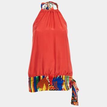 Pre Owned M Missoni Red Printed Silk Halter Neck Top S
