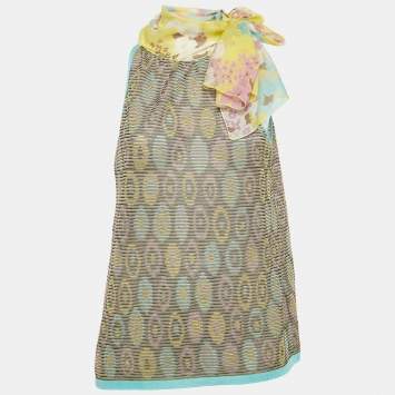 Pre Owned M Missoni Blue/Yellow Knit and Silk Halter Neck Tie-Up Top L