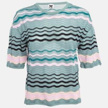 Pre Owned M Missoni Blue/Multicolor Patterned Knit Round Neck Top S