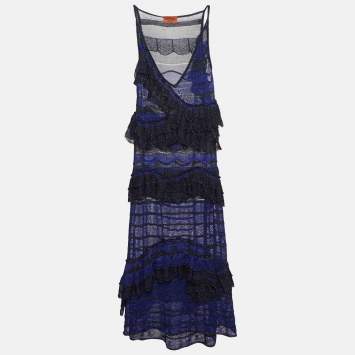 مملوكة مسبقًا Missoni Blue/Black Lurex Knit Ruffled Sleeveless Dress M