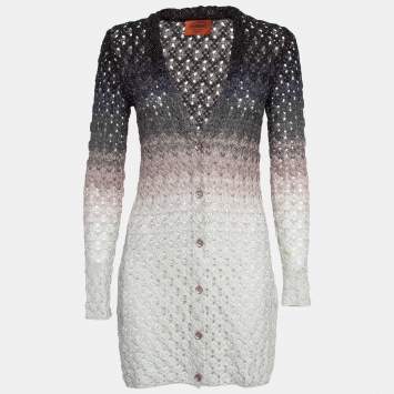 Pre Owned  Missoni Black/White Perforated Lurex Knit Button Front Long Cardigan S
