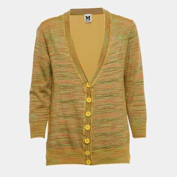 Pre Owned M Missoni Yellow Stripe Knit and Silk Buttoned Cardigan M