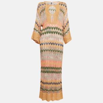 Pre Owned M Missoni Multicolor Chevron Crochet Knit Sheer Maxi Dress M