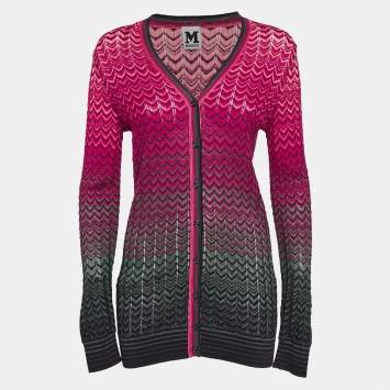 Pre Owned M Missoni Pink Chevron Pointelle Knit Button Front Cardigan M