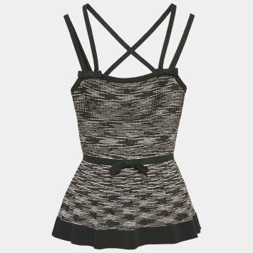 Pre Owned M Missoni Black/White Stripe Lurex Knit Bow Detail Strappy Top M