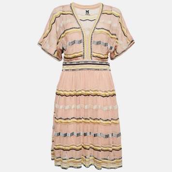 Pre Owned M Missoni Pink Patterned Knit V-Neck Short Dress M