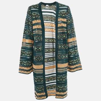 Pre Owned M Missoni Green/Multicolor Patterned Knit Open Front Cardigan L