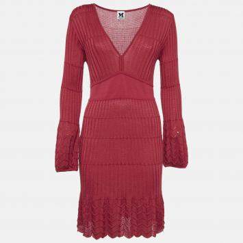 Pre Owned M Missoni Red Patterned Knit V-Neck Midi Dress M