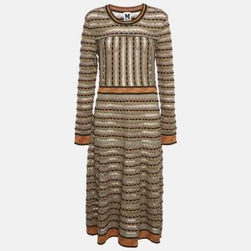 Pre Owned M Missoni Beige/Multicolor Patterned Knit Long Sleeve Midi Dress L