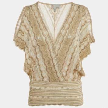Pre Owned M Missoni Beige Perforated Lurex Knit Crossover Top S