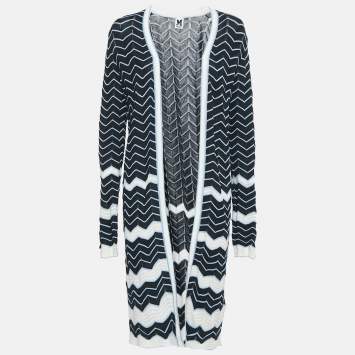 Pre Owned M Missoni Black/Blue Chevron Pattern Knit Open Front Long Cardigan M