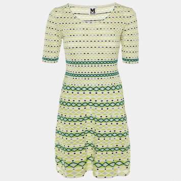 Pre Owned M Missoni White & Green Intarsia Knit Mini Dress S
