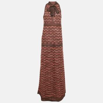 Pre Owned M Missoni Black/Pink Patterned Lurex Knit Neck Tie Detail Maxi Dress M