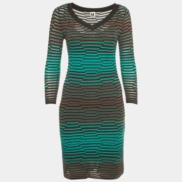 Pre Owned M Missoni Blue/Grey Textured Knit V-Neck Mini Dress M