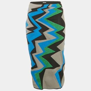 Pre Owned M Missoni Blue/Green Zig Zag Lurex Knit Pencil Skirt M 