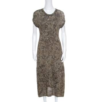 Pre Owned M Missoni Dull Gold and Black Lurex Knit Short Sleeve Midi Dress L