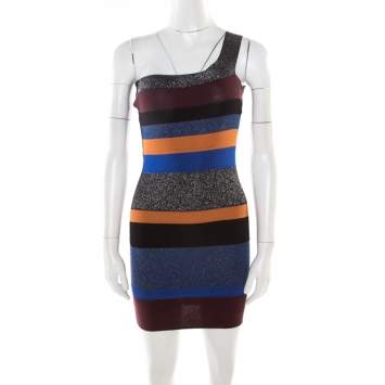 Pre Owned M Missoni Colorblock Striped Lurex Knit One Shoulder Bodycon Dress S