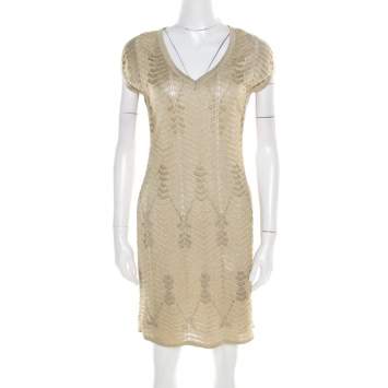 مملوكة مسبقًا M Missoni Gold Zig Zag Pattern Perforated Lurex Knit Cap Sleeve Dress S