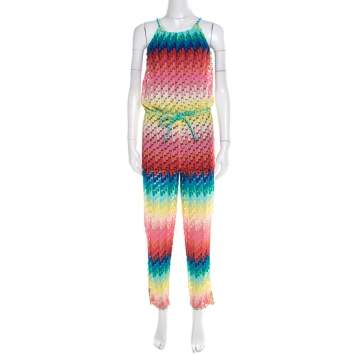 Pre Owned Missoni Mare Rainbow Patterned Perforated Knit Beach Cover Up Jumpsuit S