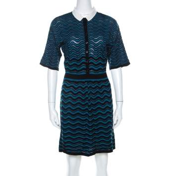Pre Owned M Missoni Blue & Black Wave Patterned Knit Detachable Collar Short Sleeve Dress M