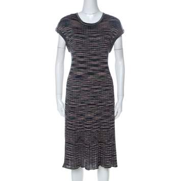 Pre Owned M Missoni Multicolor Striped Knit Short Sleeve Midi Dress L 