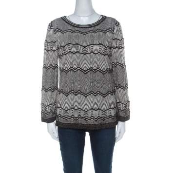 Pre Owned M Missoni Monochrome & Lurex Chevron Knit Long Sleeve Top M