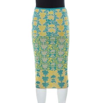 Pre Owned M Missoni Blue & Yellow Floral Knit Lurex Pencil Skirt S