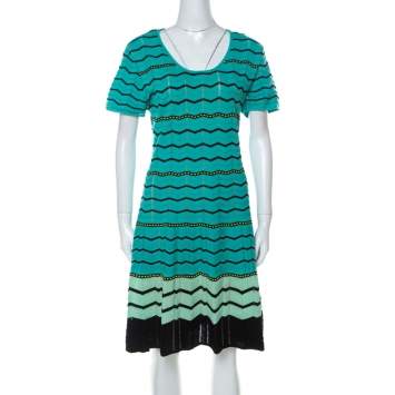 مملوكة مسبقًا M Missoni Green Chevron Patterned Perforated Knit Short Sleeve Dress L