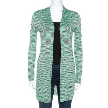 Pre Owned M Missoni Mint Green Striped Knit Open Front Cardigan M