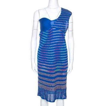 Pre Owned M Missoni Blue Chevron Knit One Shoulder Midi Dress M
