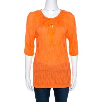 Pre Owned M Missoni Orange Chevron Pointelle Knit Top M
