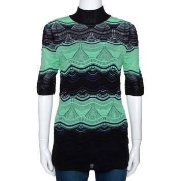 Pre Owned M Missoni Green & Black Wavy Pointelle Knit Mock Neck Top M