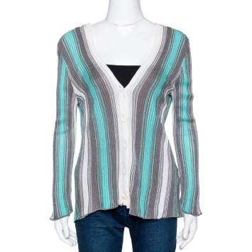 Pre Owned M Missoni Teal & Grey Striped Lurex Knit Button Front Cardigan L