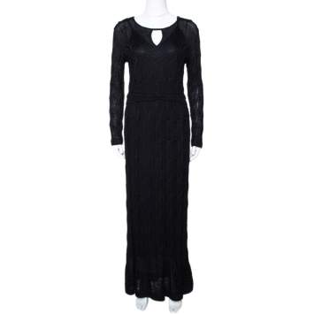 مملوكة مسبقًا M Missoni Black Textured Wool Blend Knit Maxi Dress L 