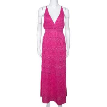 مملوكة مسبقًا M Missoni Pink Zig Zag Lurex Knit Sleeveless Maxi Dress L