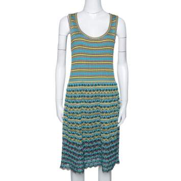 Pre Owned M Missoni Grey & Blue Wavy Textured Knit Sleeveless Dress L
