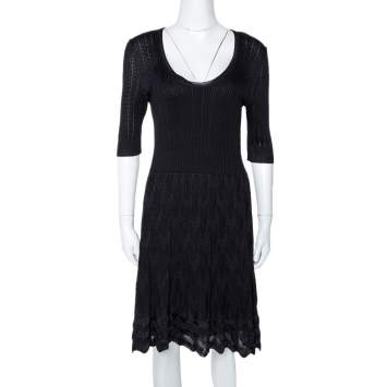 Pre Owned M Missoni Black Zig Zag Textured Knit A Line Dress L