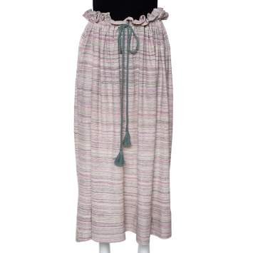 Pre Owned M Missoni Pale Green Striped Knit Ruffled Waist Midi Skirt M